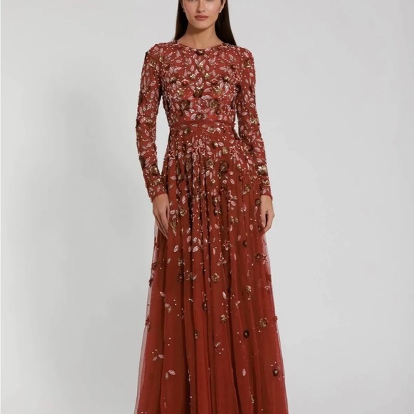 Mac Duggal Rust Floral Long Sleeve Dress - Picture 1 of 7
